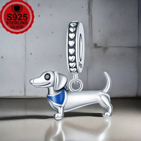 New Dachshund with Blue Bandana Charm - 925 Sterling Silver