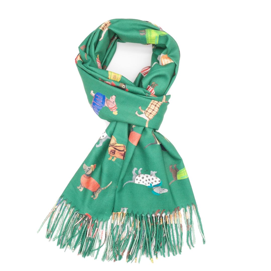 Sausage Dogs Scarf in Green - Bright Coloured Medium Weight