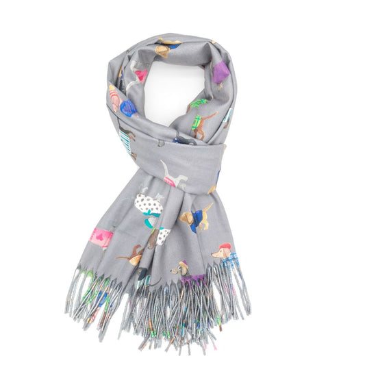 Sausage Dogs Scarf in Grey - Bright Multi Coloured Medium Weight