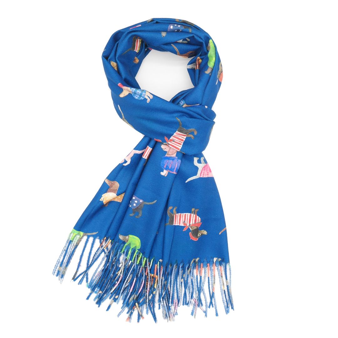 Sausage Dogs Scarf in Bright Navy - Multi Coloured Medium Weight