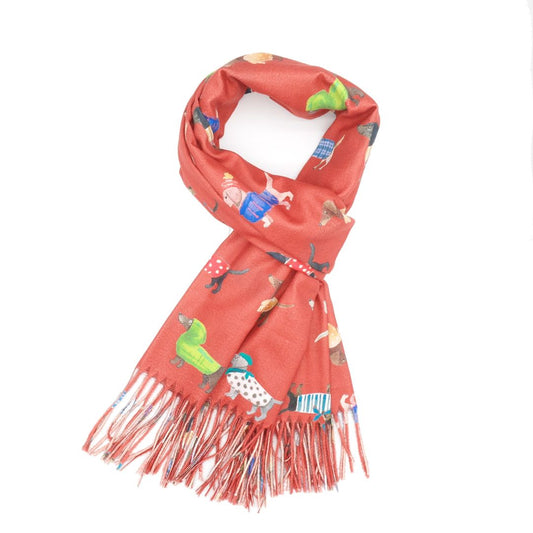 Sausage Dogs Scarf in Burnt Orange - Bright Multi Coloured Medium Weight
