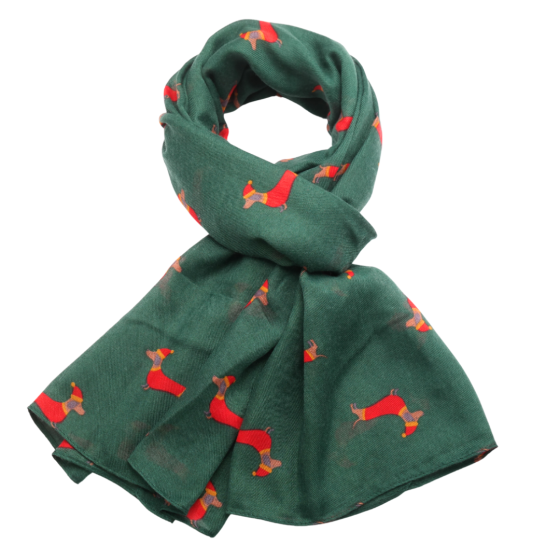 Festive Sausage Dogs Scarf in Green