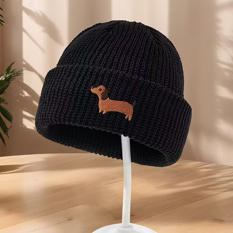 Embroidered Knitted Dachshund Beanie Hats - Choice of Colours