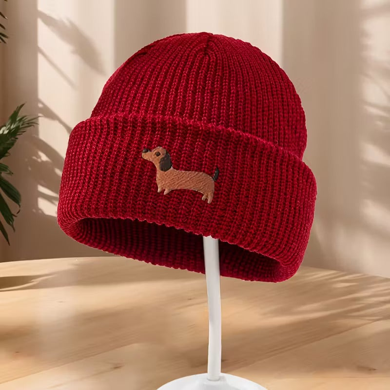 Embroidered Knitted Dachshund Beanie Hats - Choice of Colours