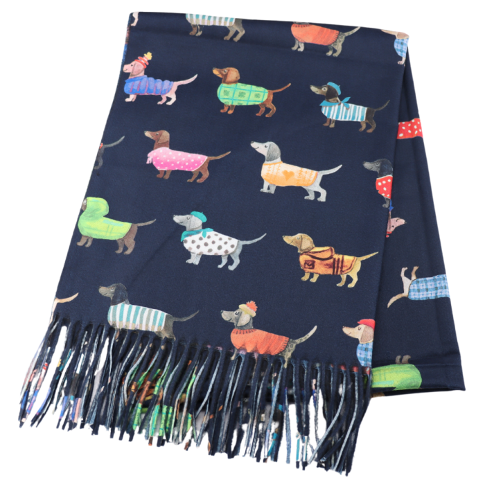Sausage Dogs Scarf in Navy - Bright Multi Coloured Medium Weight