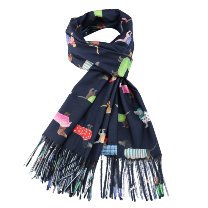 Sausage Dogs Scarf in Navy - Bright Multi Coloured Medium Weight