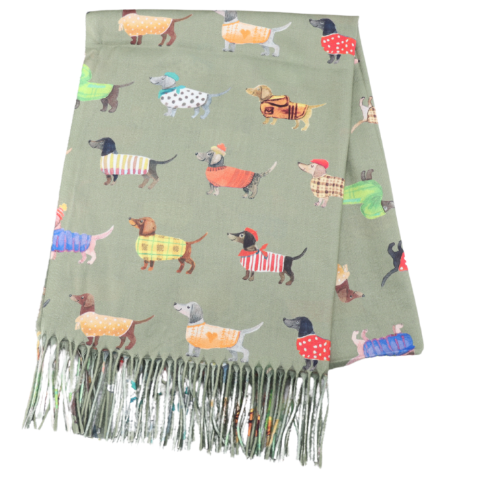 Sausage Dogs Scarf in Olive Green - Bright Multi Coloured Medium Weight