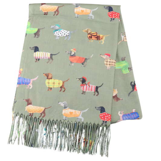 Sausage Dogs Scarf in Olive Green - Bright Multi Coloured Medium Weight
