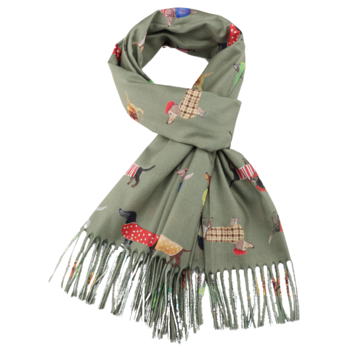 Sausage Dogs Scarf in Olive Green - Bright Multi Coloured Medium Weight