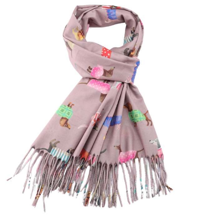 Sausage Dogs Scarf in Dusky Pink - Bright Multi Coloured Medium Weight