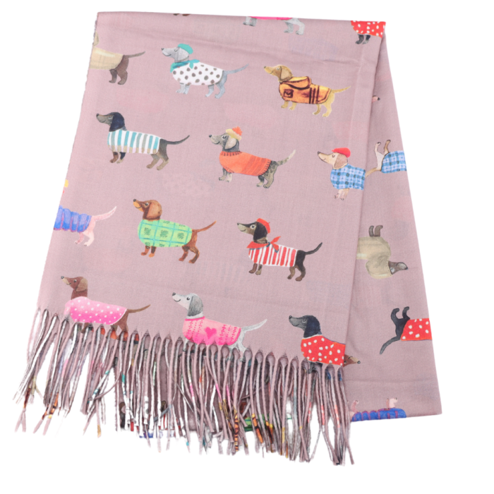 Sausage Dogs Scarf in Dusky Pink - Bright Multi Coloured Medium Weight