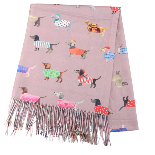 Sausage Dogs Scarf in Dusky Pink - Bright Multi Coloured Medium Weight