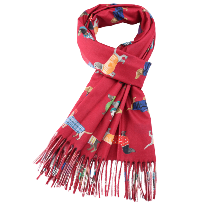 Sausage Dogs Scarf in Red - Bright Multi Coloured Medium Weight