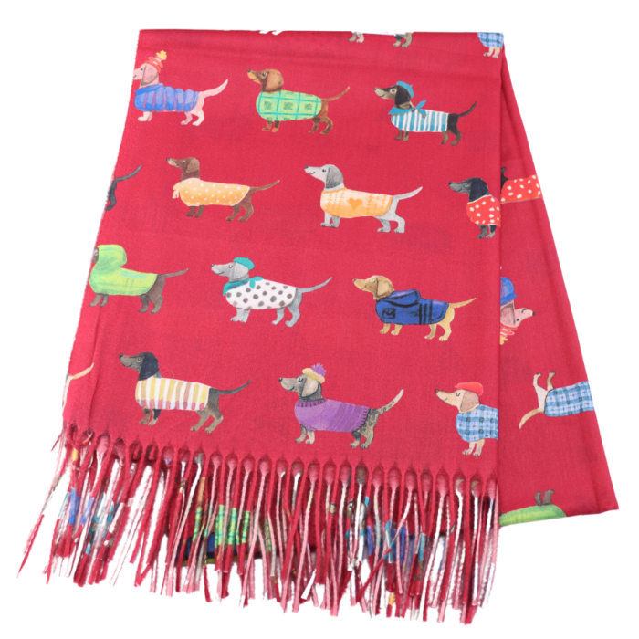 Sausage Dogs Scarf in Red - Bright Multi Coloured Medium Weight
