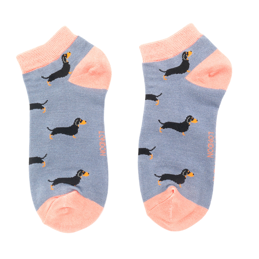 Ladies Bamboo Little Sausage Dogs Trainer Socks Blue image 0