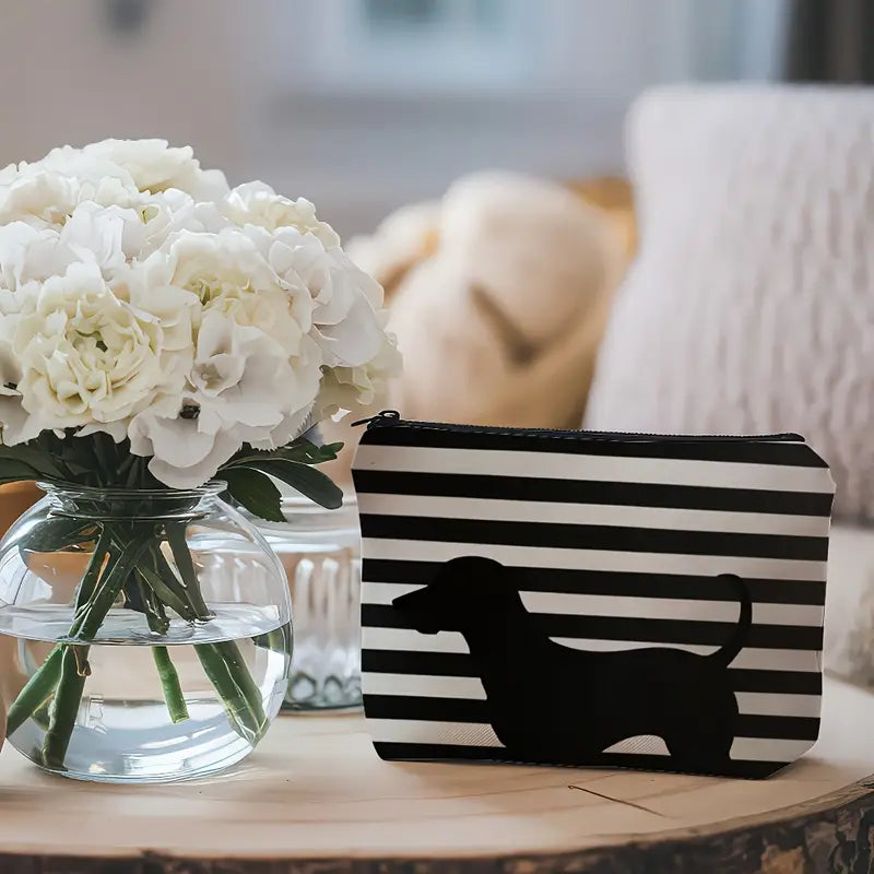 Black & White Stripe Dachshund Zip Make up bag