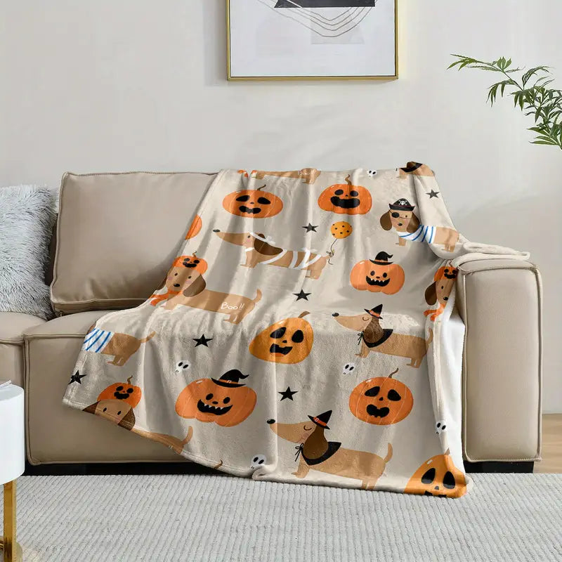 Halloween Dachshund & Pumpkin Throw Blanket