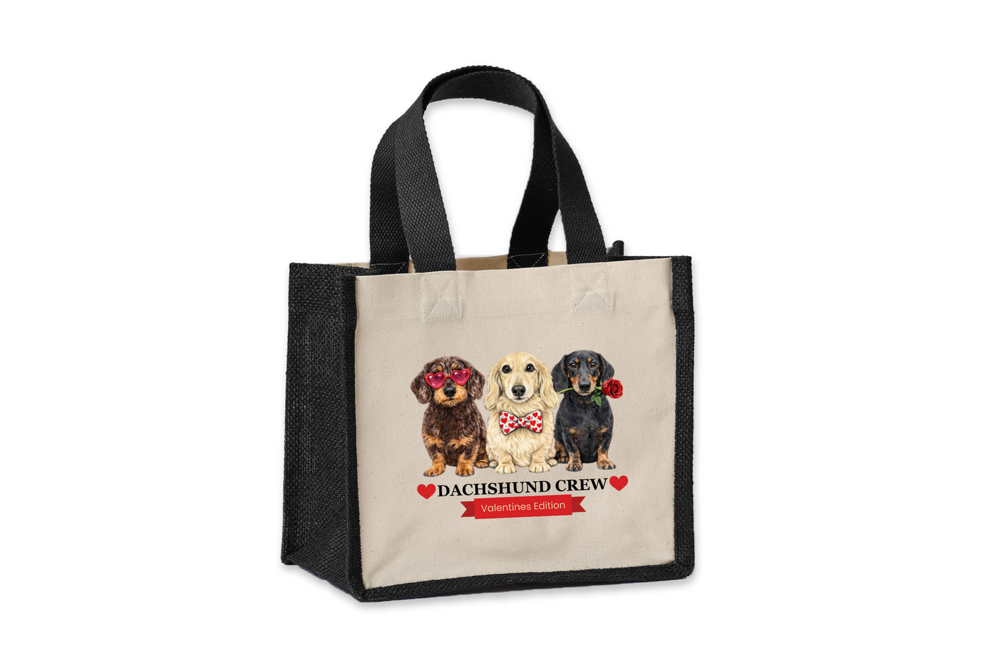 Dachshund Crew – Valentines Edition Jute Canvas Shopper Bag