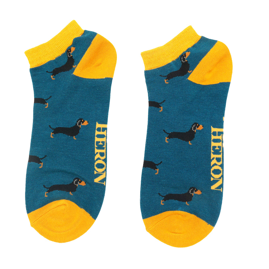 Mens Bamboo Little Sausage Dogs Trainer Socks Teal image 0