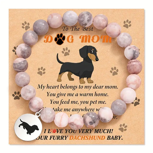 Dachshund Dog Mom Pink Zebra Stone Beaded Bracelet