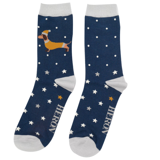Mens Bamboo Festive Sausage Dogs Socks Navy image 0