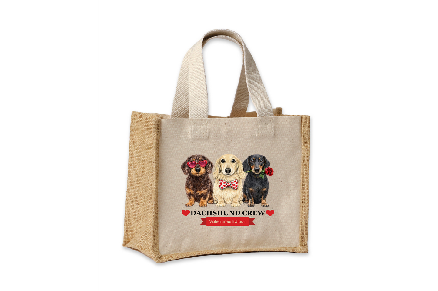 Dachshund Crew – Valentines Edition Jute Canvas Shopper Bag