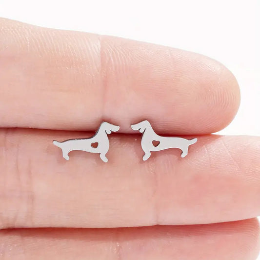 Cute Dachshund Earrings with Heart Cut Out - Stainless Steel Silver