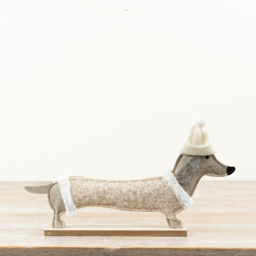 Winter Sausage Dog Figurine 34cm - Dachshund Decoration with Hat
