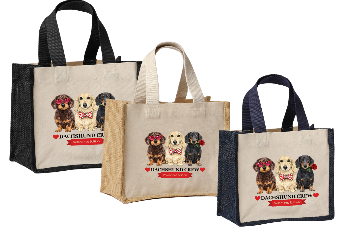 Dachshund Crew – Valentines Edition Jute Canvas Shopper Bag