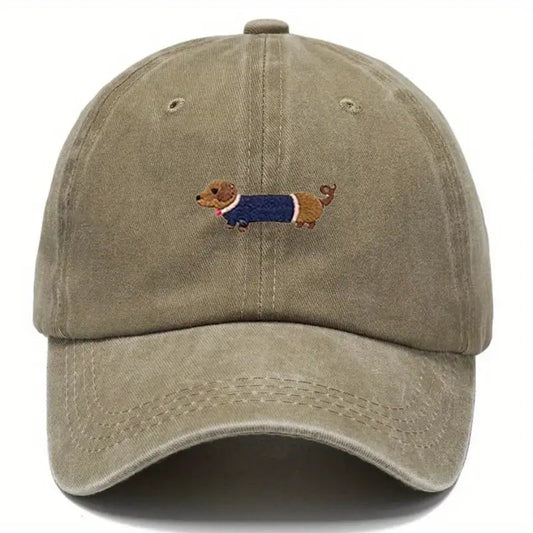 Khaki Unisex Dachshund Baseball Hat Coloured Embroidery