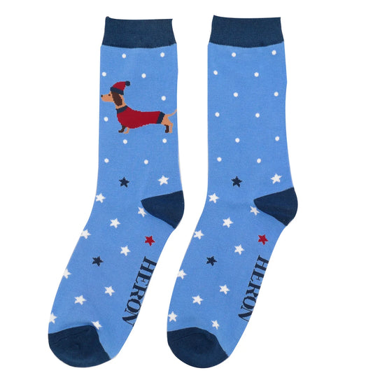 Mens Bamboo Festive Sausage Dogs Socks Powder Blue image 0