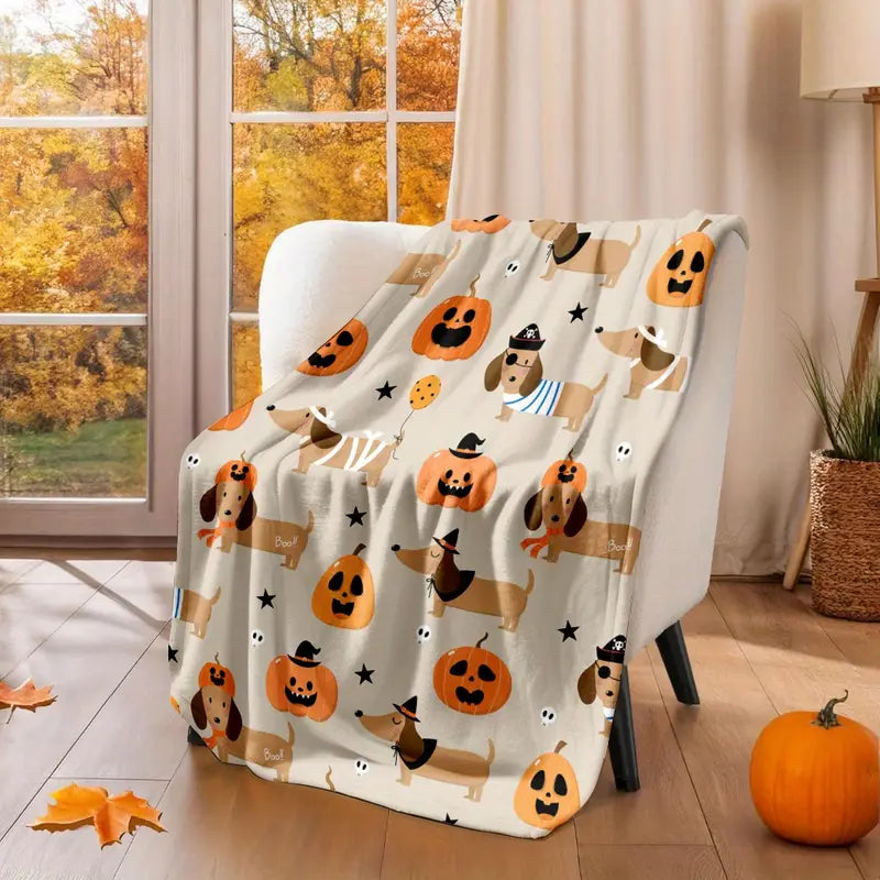Halloween Dachshund & Pumpkin Throw Blanket