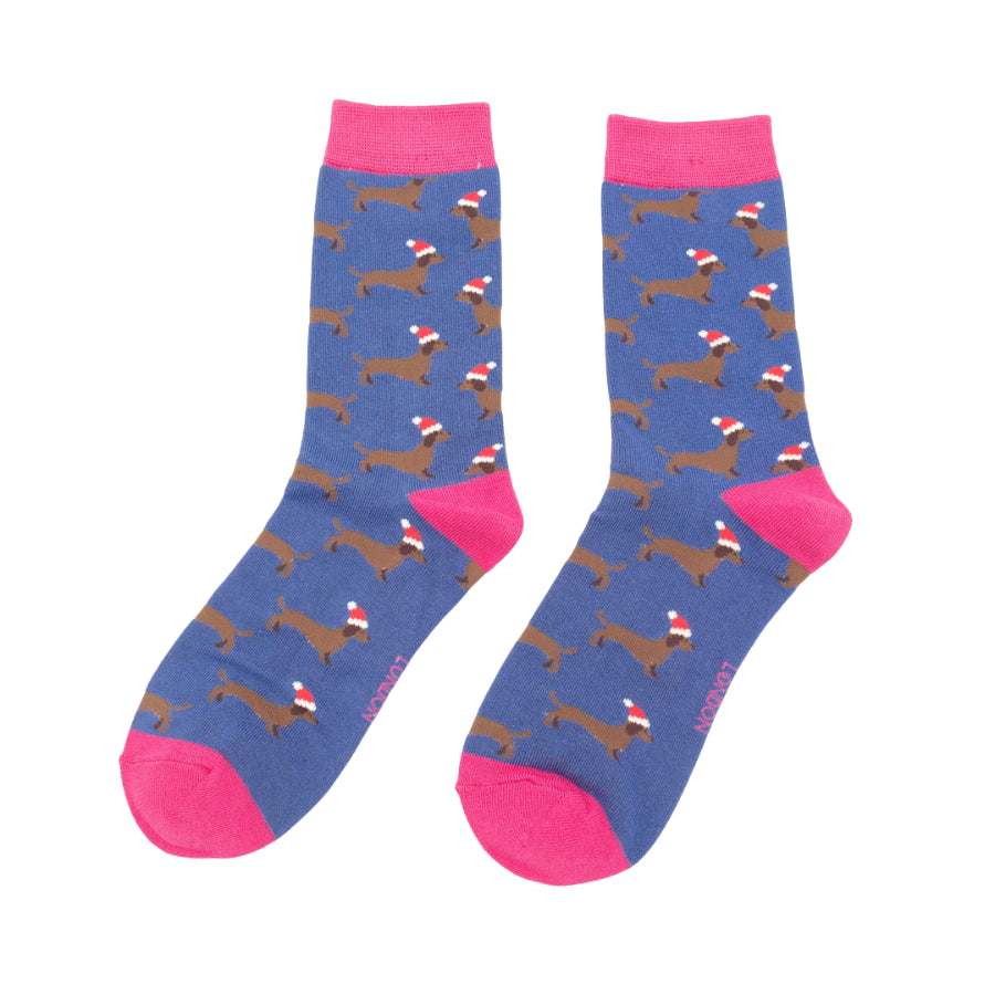 Ladies Bamboo Sausage Dogs Santa Socks Denim image 0
