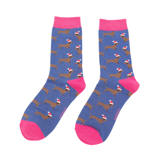 Ladies Bamboo Sausage Dogs Santa Socks Denim image 0
