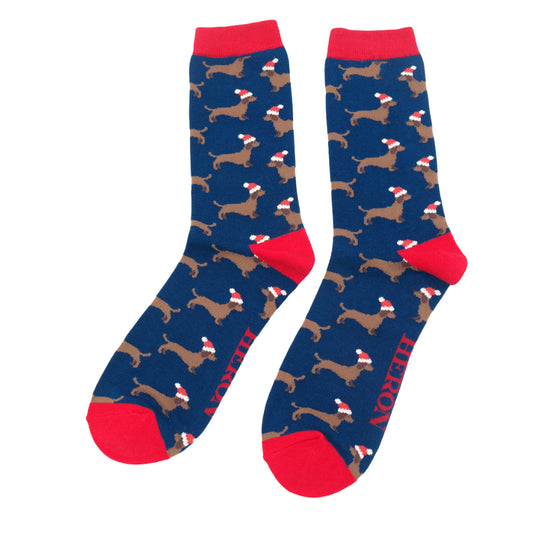 Mens Bamboo Sausage Dogs Santa Socks Navy image 0