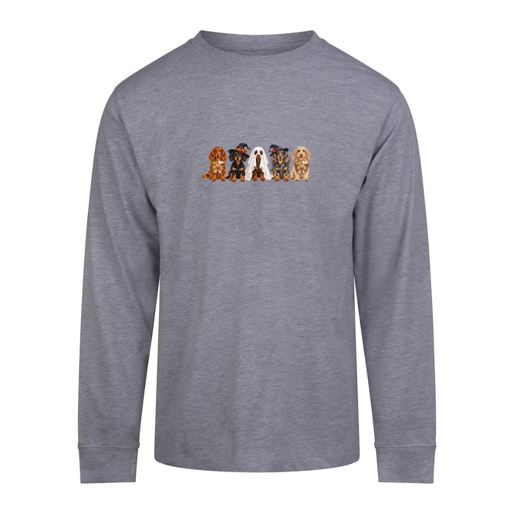 🎃 Heather Grey Dachshund Halloween Long Sleeve T-Shirt – 4 Designs | S–3XL 🐾
