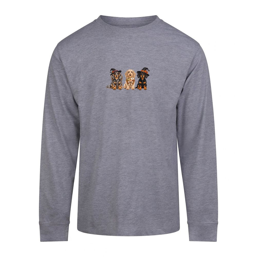 🎃 Heather Grey Dachshund Halloween Long Sleeve T-Shirt – 4 Designs | S–3XL 🐾