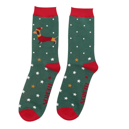 Mens Bamboo Festive Sausage Dogs Socks Green image 0