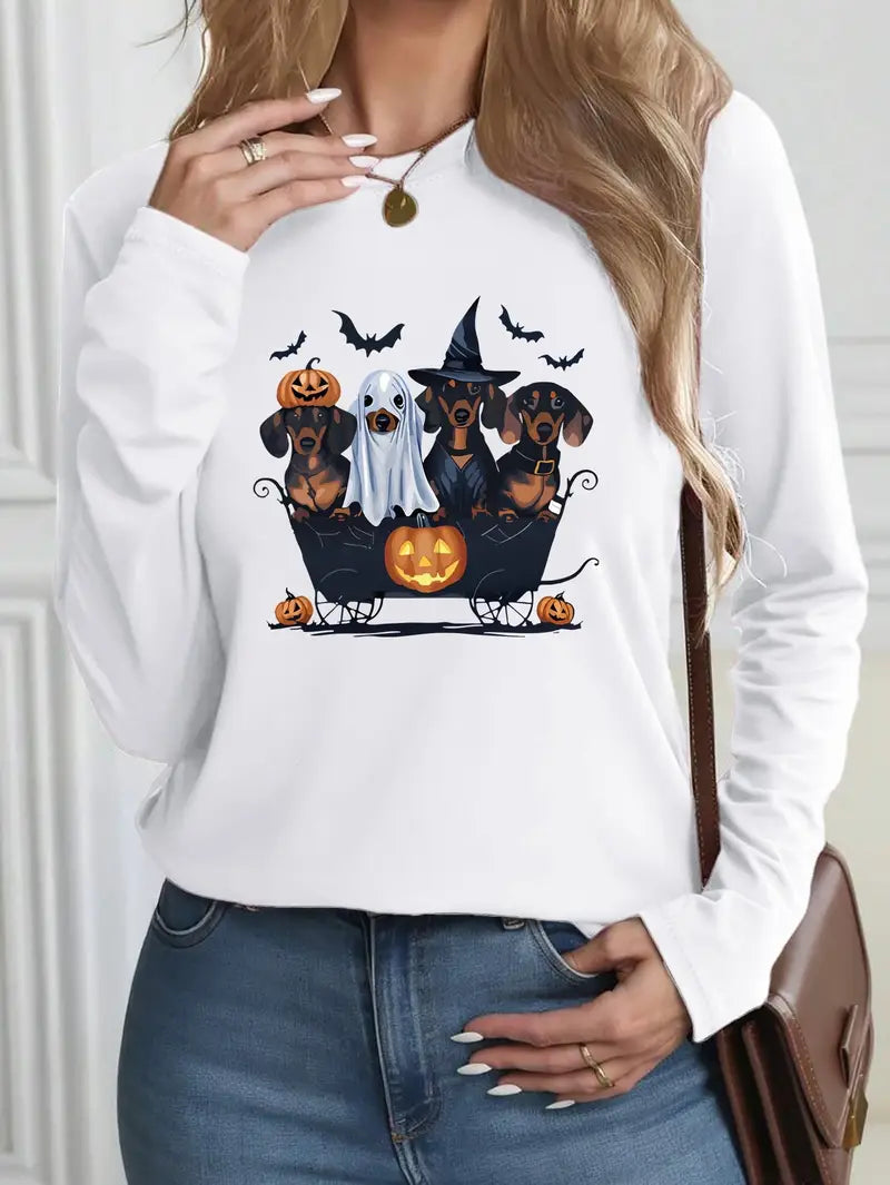 Halloween Dachshund Ghosts & Pumpkin Lantern Long Sleeved T Shirt