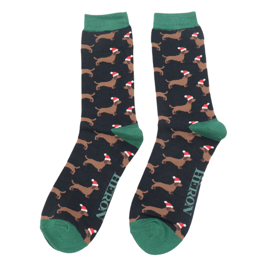 Mens Bamboo Sausage Dogs Santa Socks Black image 0