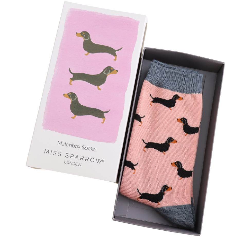 Miss Sparrow Women’s Matchbox Little Sausage Dogs Socks – Dusky Pink