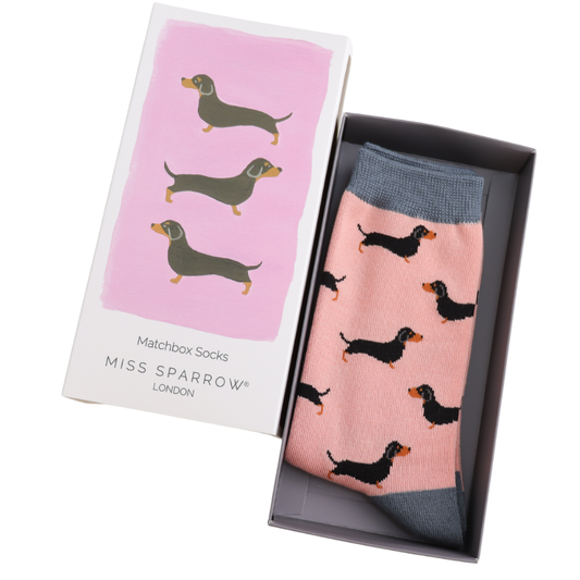 Miss Sparrow Women’s Matchbox Little Sausage Dogs Socks – Dusky Pink