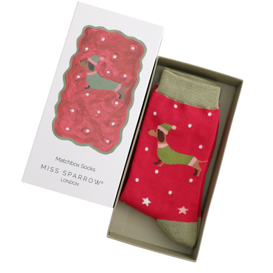 Miss Sparrow Women’s Matchbox Festive Sausage Dogs Socks – Red