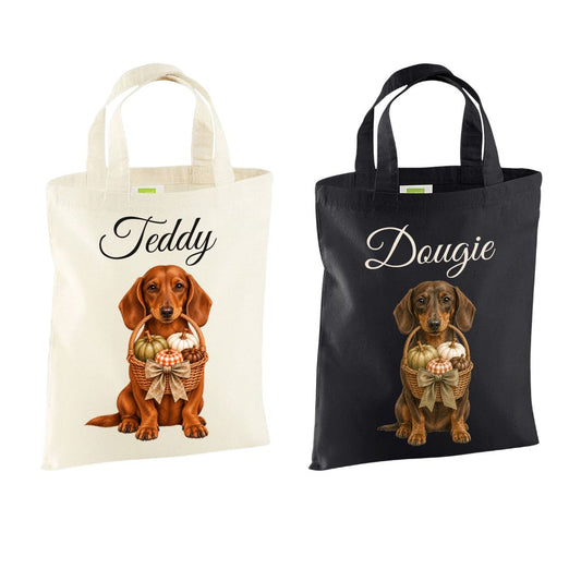🎃 Personalised Smooth Haired Dachshund Pumpkin Basket Halloween Mini Tote – Optional Treats & Bandana 🐾