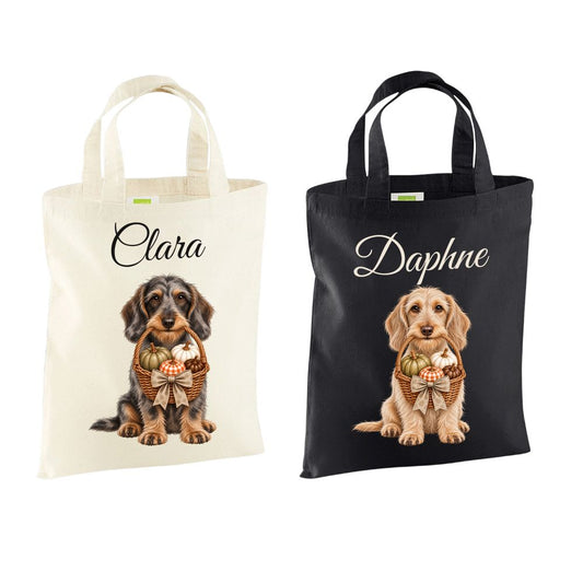 🎃 Personalised Wire Haired Dachshund Pumpkin Basket Halloween Mini Tote – Optional Treats & Bandana 🐾
