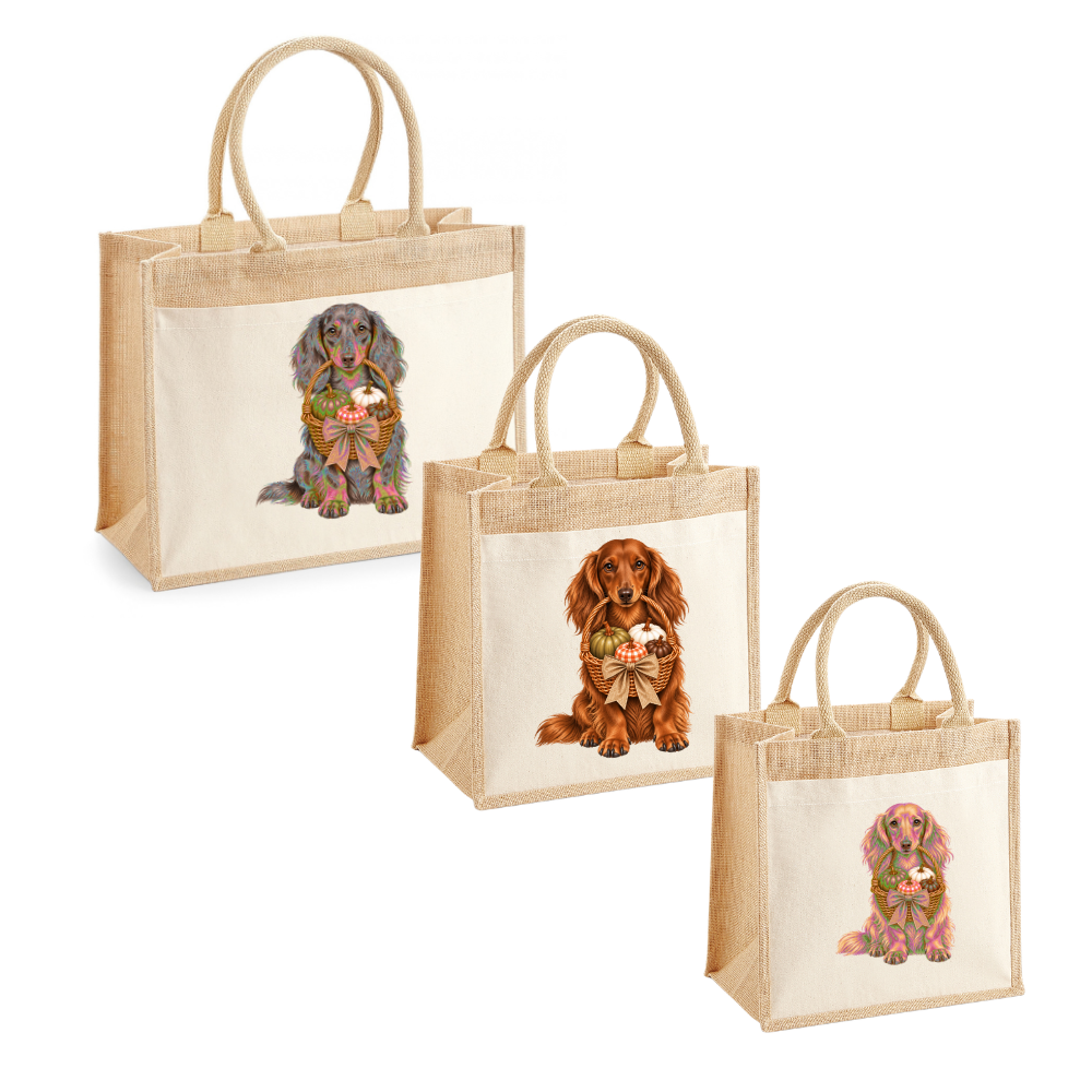 🎃 Long Haired Dachshund Halloween Pumpkin Basket Pocket Tote – 8 Designs | 3 Sizes 🐾
