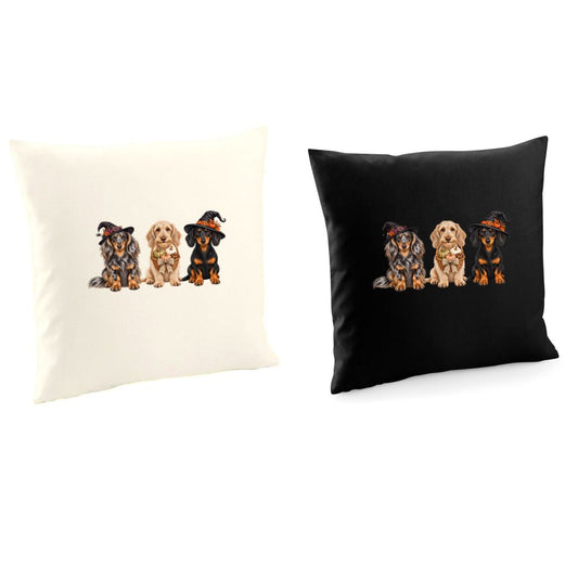 🎃 Dachshund Halloween Crew Cushion Cover – 3 Dog Design | Black or Natural 🐾