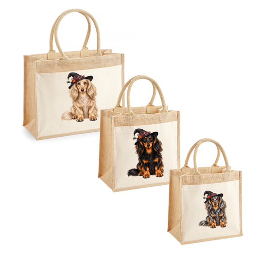 🎃 Long Haired Dachshund Halloween Witches Hat Pocket Tote – 8 Designs | 3 Sizes 🐾