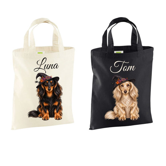 🎃 Personalised Long Haired Dachshund Witches Hat Halloween Mini Tote – Optional Treats & Bandana 🐾