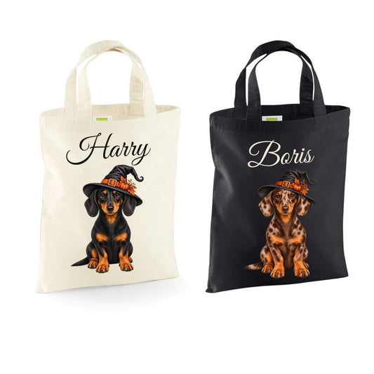 🎃 Personalised Smooth Haired Dachshund Witches Hat Halloween Mini Tote – Optional Treats & Bandana 🐾